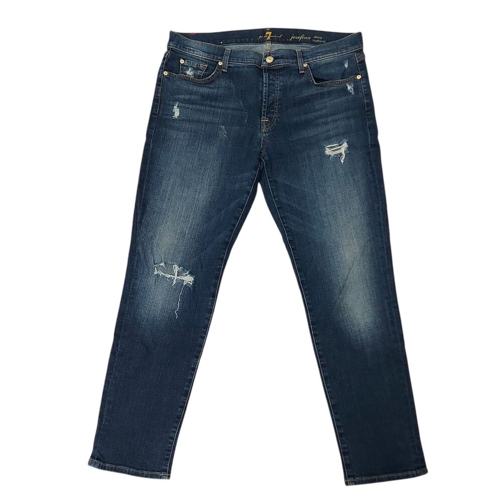 7 For All Mankind Josefina Skinny Boyfriend Jeans Womens 32x29 Blue Distressed